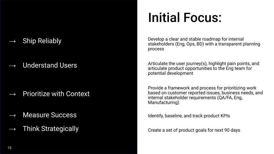 Product Team Initial Focus